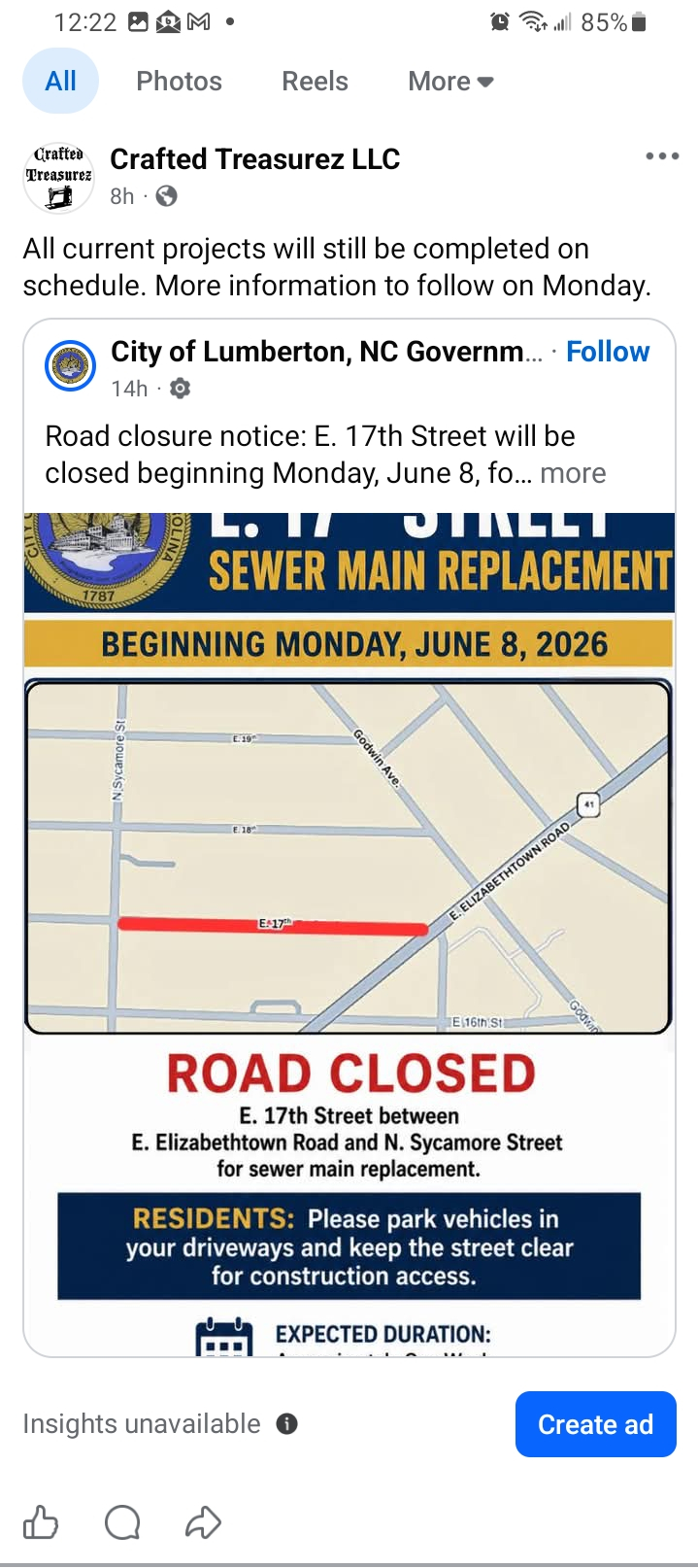Facebook post from City of Lumberton North Carolina